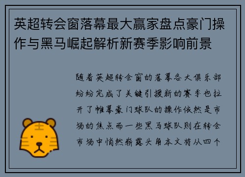 英超转会窗落幕最大赢家盘点豪门操作与黑马崛起解析新赛季影响前景